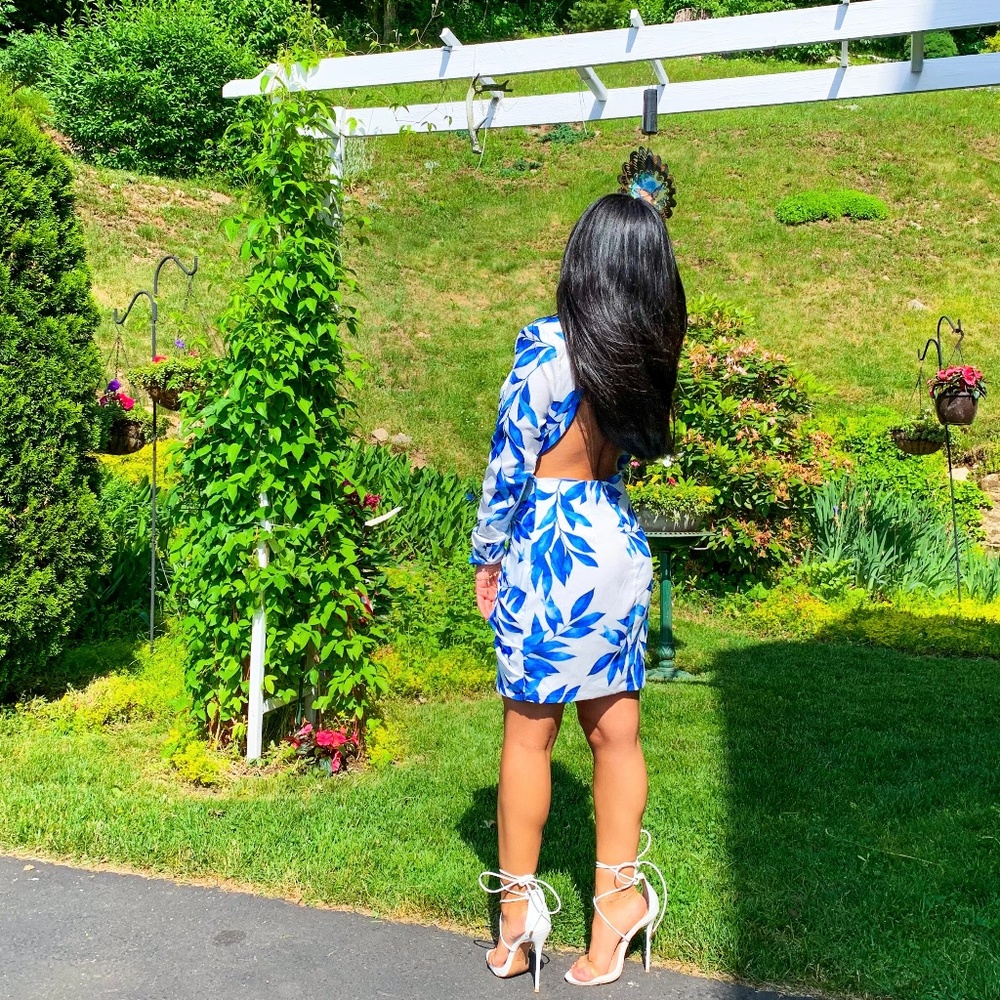 Sapphire & White Leaf Print Cascade Dress